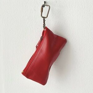 vintage red leather bag charm / mini zipper purse on keychain